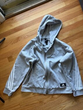 adidas Gray Hooded Full-Zip Jacket with Three White Stripes